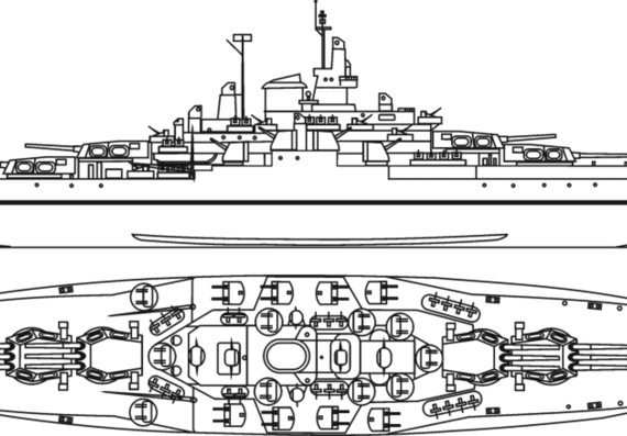Боевой корабль USS BB-43 Tennessee (1943) - чертежи, габариты, рисунки