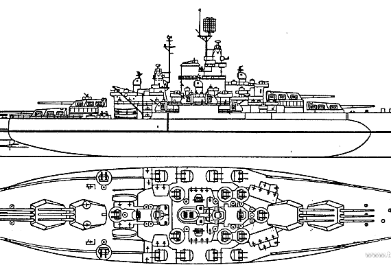 Боевой корабль USS BB-43 Tennessee (1945) - чертежи, габариты, рисунки