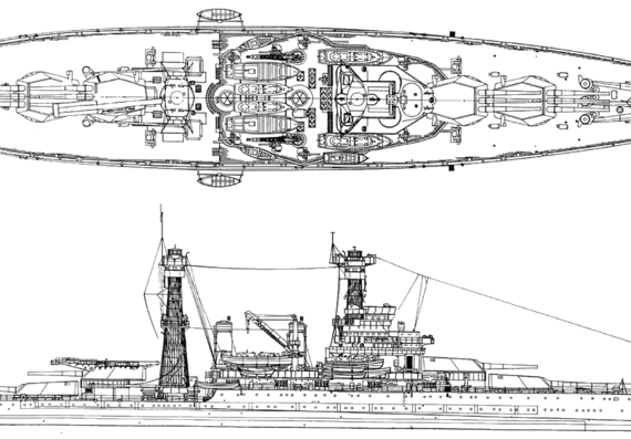 Боевой корабль USS BB-44 California - чертежи, габариты, рисунки