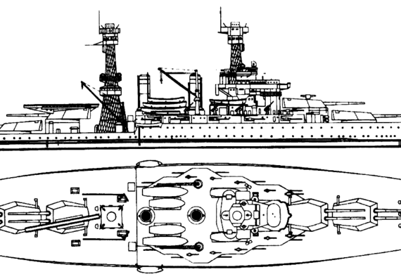 Боевой корабль USS BB-44 West Virginia 1937 (Battleship) - чертежи, габарит...