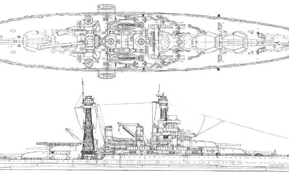 Боевой корабль USS BB-48 West Virginia - чертежи, габариты, рисунки