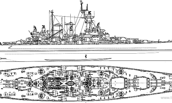Боевой корабль USS BB-56 Washington (1945) - чертежи, габариты, рисунки