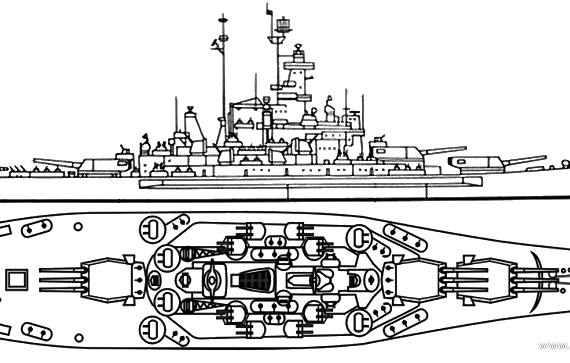 Боевой корабль USS BB-58 South Dakota - чертежи, габариты, рисунки