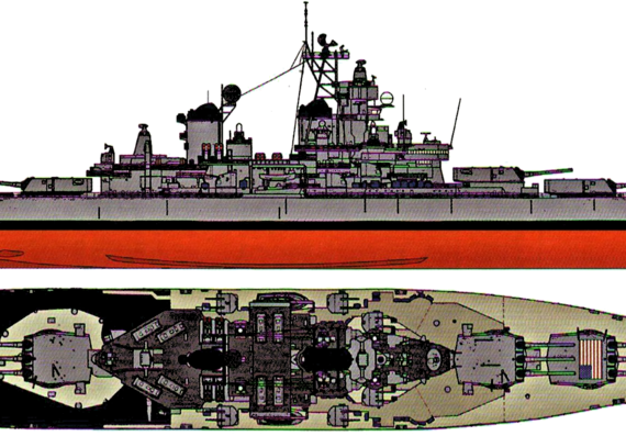 Боевой корабль USS BB-61 Iowa 1990 (Battleship) - чертежи, габариты, рисунки