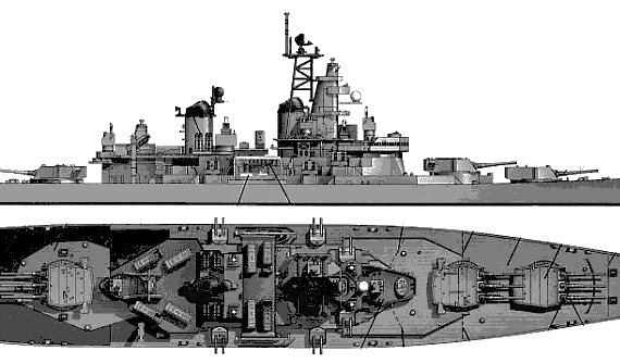 Боевой корабль USS BB-64 Wisconsin - чертежи, габариты, рисунки