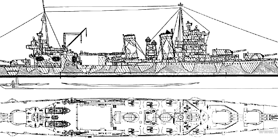 Крейсер USS CA-37 Tuscaloosa (1942) - чертежи, габариты, рисунки