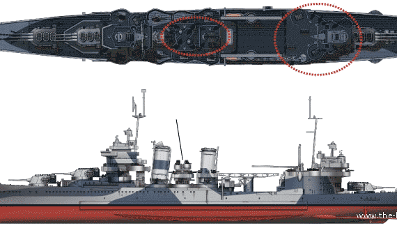 Cruiser USS CA-38 San Francisco (Heavy Cruiser) (1944) - drawings, dimensions, pictures