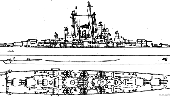 Крейсер USS CL-106 Fargo (1945) - чертежи, габариты, рисунки