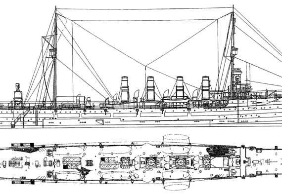 Крейсер USS CL-1 Chester (Light Cruiser) (1908) - чертежи, габариты, рисунки