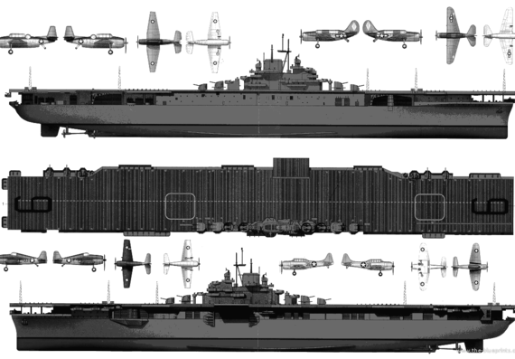 Авианосец USS CV9 Essex (1945) - чертежи, габариты, рисунки