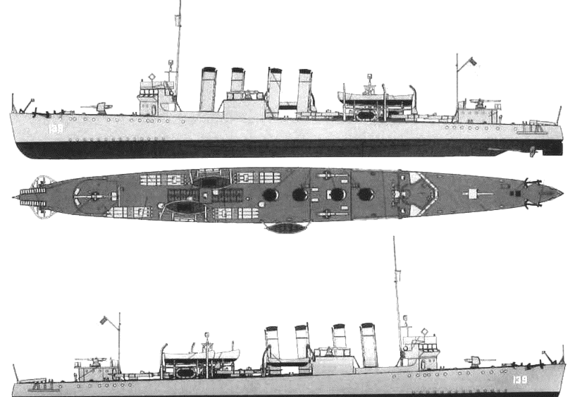 Корабль USS DD-139 Ward (Destroyer) (1941) - чертежи, габариты, рисунки