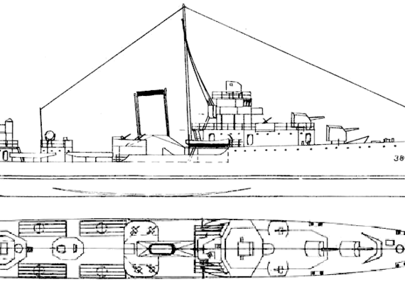 Эсминец USS DD-380 Gridley (Destroyer) - чертежи, габариты, рисунки