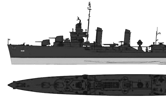 Эсминец USS DD-459 Laffey (Destroyer) (1942) - чертежи, габариты, рисунки