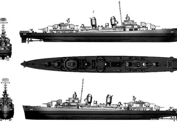 Эсминец USS DD-537 Sullivans (Destroyer) - чертежи, габариты, рисунки