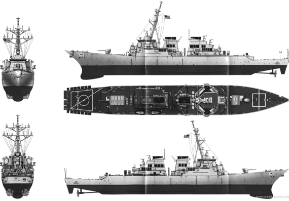 Эсминец USS DDG-51 Arleigh Burke (Destroyer) - чертежи, габариты, рисунки