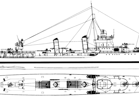 Эсминец USS DD 453 Bristol (Destroyer) - чертежи, габариты, рисунки