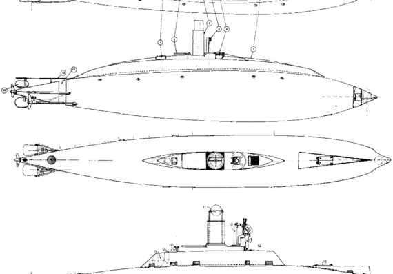 Ship USS Plunger (1898) - drawings, dimensions, pictures
