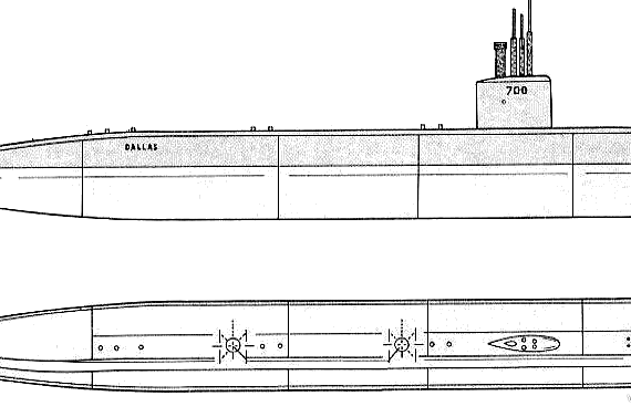 Submarine USS SSN-700 Dallas - drawings, dimensions, figures
