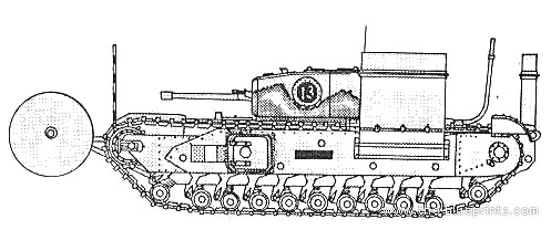 Churchill AVRE tank with carpet rolls - drawings, dimensions, pictures
