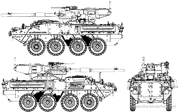Танк M1128 Stryker MGS - чертежи, габариты, рисунки