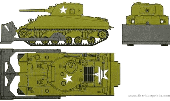 Танк M4A2 Sherman + D1 Dozer Blade - чертежи, габариты, рисунки