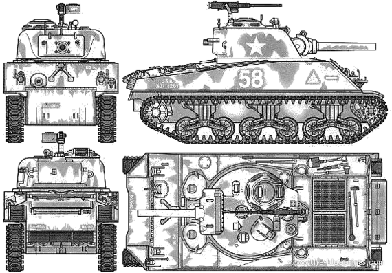 Танк M4A3 Sherman 105mm Howitzwr - чертежи, габариты, рисунки