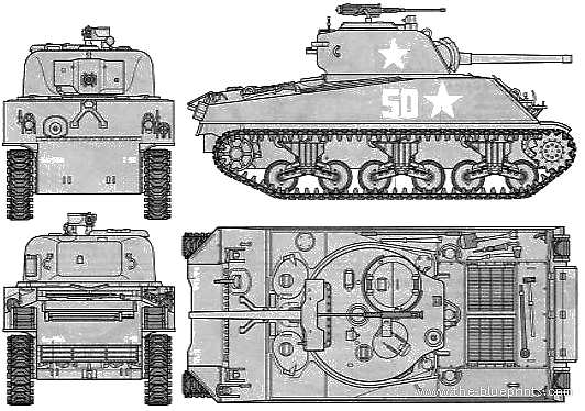 Танк M4A3 Sherman 75mm - чертежи, габариты, рисунки.