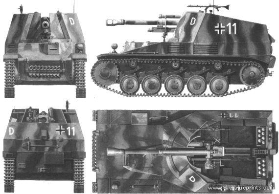 Танк Sd.Kfz. 124 Pz.H18-2 Wespe 105mm - чертежи, габариты, рисунки