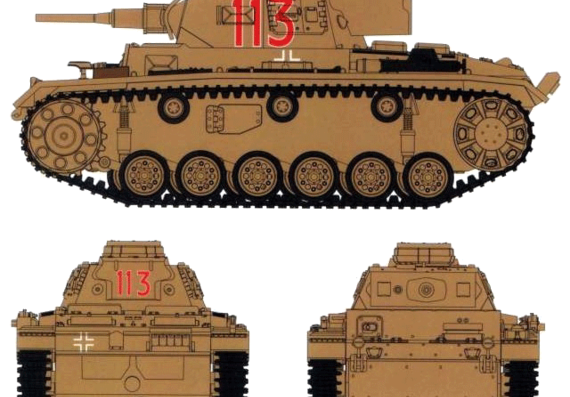 Tank Sd.Kfz. 141 Pz.Kpfw.III Ausf.G 5cm KwK38 DAK - drawings, dimensions, figures