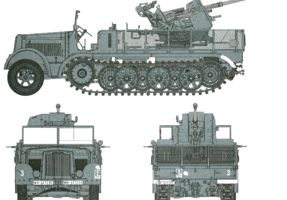 Танк Sd.Kfz. 7-2 3.7cm Flak36 - чертежи, габариты, рисунки
