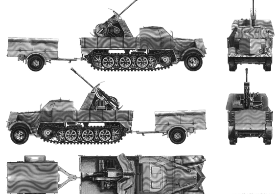 Танк Sd.Kfz. 7-2 8t Half Truck Flak43 37mm AA - чертежи, габариты, рисунки