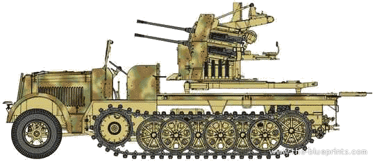Танк Sd.Kfz. 7 8t + 2cm Flak 38 - чертежи, габариты, рисунки