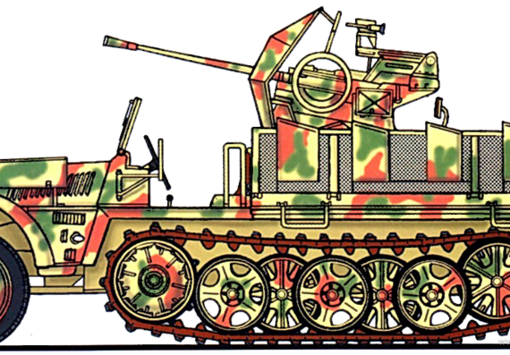 Tank Sd.kfz. 10-4 + 2cm Flak 38 - drawings, dimensions, figures