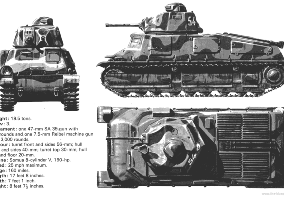 Танк Somua S 35 Medium Tank - чертежи, габариты, рисунки