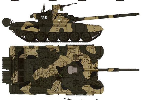 Танк T-90A - чертежи, габариты, рисунки