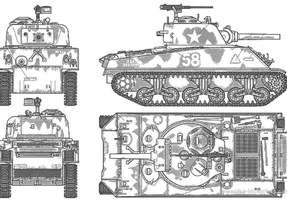 Танк U.S. Medium Tank M4A3 Sherman 105mm Howitzwr - чертежи, габариты, рисунки