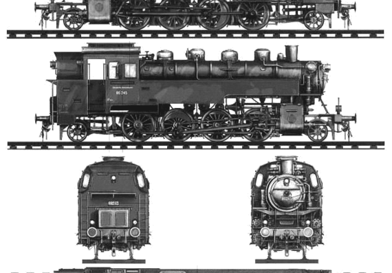 Поезд BR86 (Steam Locomotive) - чертежи, габариты, рисунки