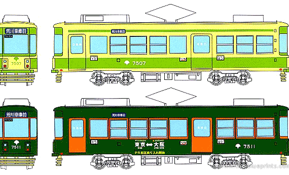Поезд JNR Toden 7500 - чертежи, габариты, рисунки