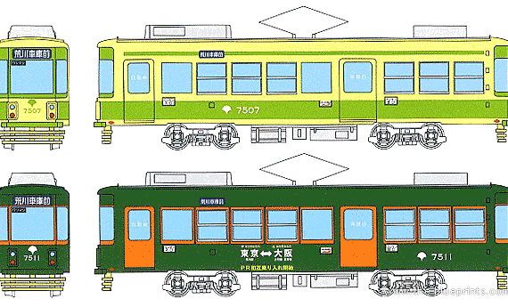 Поезд Toden Type 7500 - чертежи, габариты, рисунки