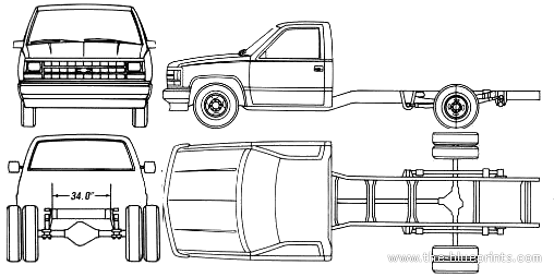 Грузовик Chevrolet C-K Pick-up Chassis Cab (1990) - чертежи, габариты, рисунки