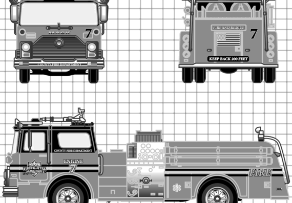 Грузовик Mack CF600 Fire Pumper - чертежи, габариты, рисунки