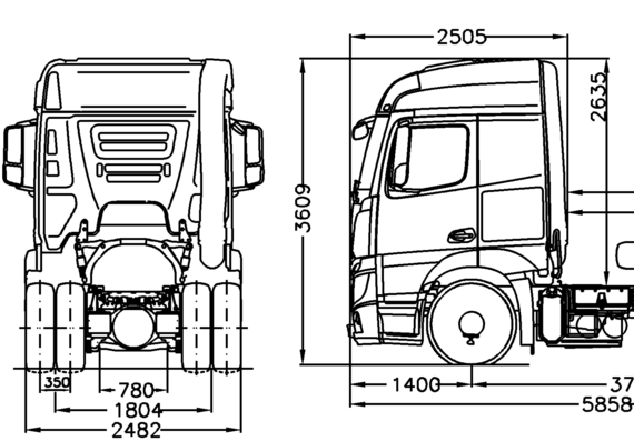 Грузовик Mercedes-Benz Actros 4x2 Semi-Trailer tractor StreamSpace Cab - чертежи, габариты, рисунки