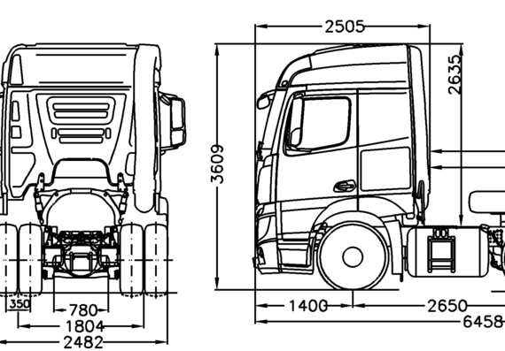 Грузовик Mercedes-Benz Actros 4x2 Stream Space Semi Trailer Tractor - чертежи, габариты, рисунки