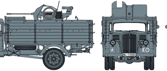 Truck Opel Blitz + 2cm Flak 38 - drawings, dimensions, figures