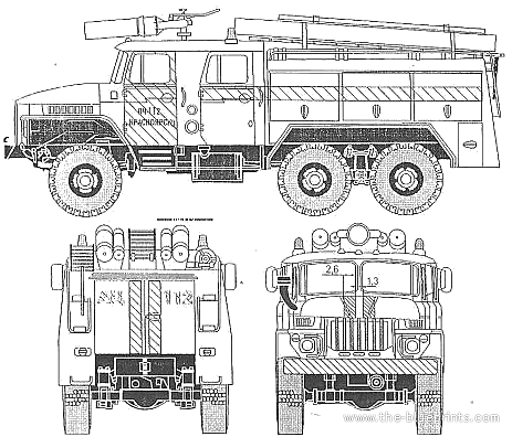 Грузовик Ural-375 AU-40 Fire Tanker - чертежи, габариты, рисунки