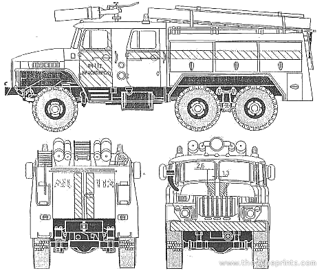Грузовик Ural-375 AU-40 Fire Truck - чертежи, габариты, рисунки