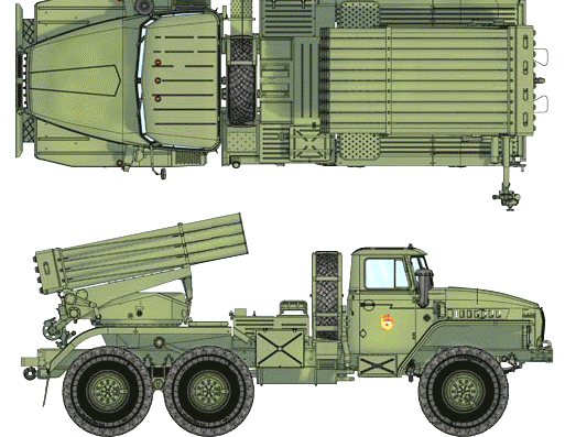 Грузовик Zil-131 BM-21 Grad MLRS - чертежи, габариты, рисунки