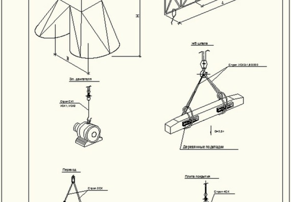 Slinging diagrams of truss, electric motor, railway sleeper, slabs