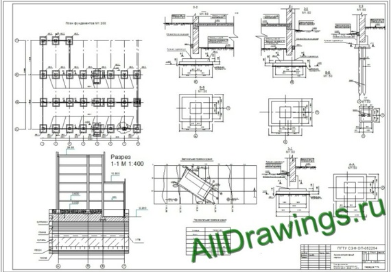 General view drawing with layout and calculation as part of coursework on "Welding shop foundation design"