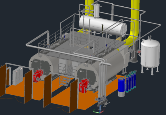 Boiler house drawing in 3D with two Viessmann Vitoplex 200 boilers